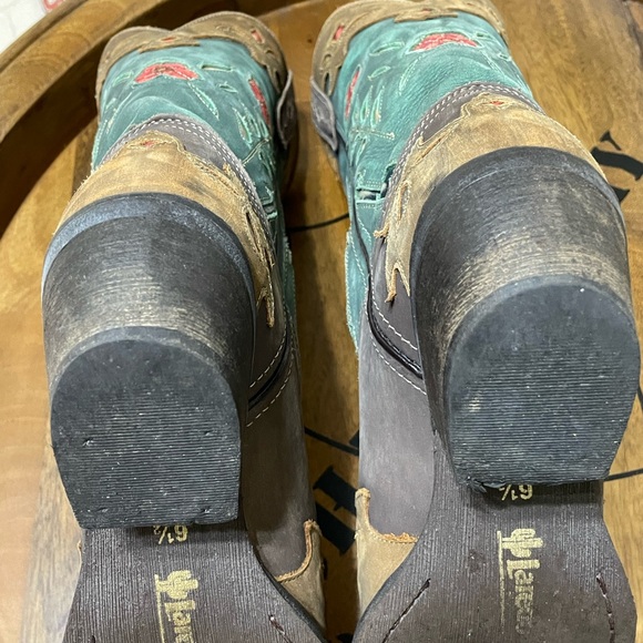 LAREDO Womens Tan Brown Teal Flower Cut Out Leather Western Cowgirl Boots Sz 6.5 - Picture 10 of 15